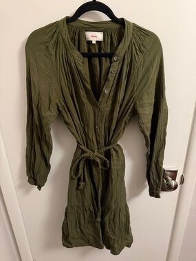 XiRENA Olive Green button down rope tie mini dress